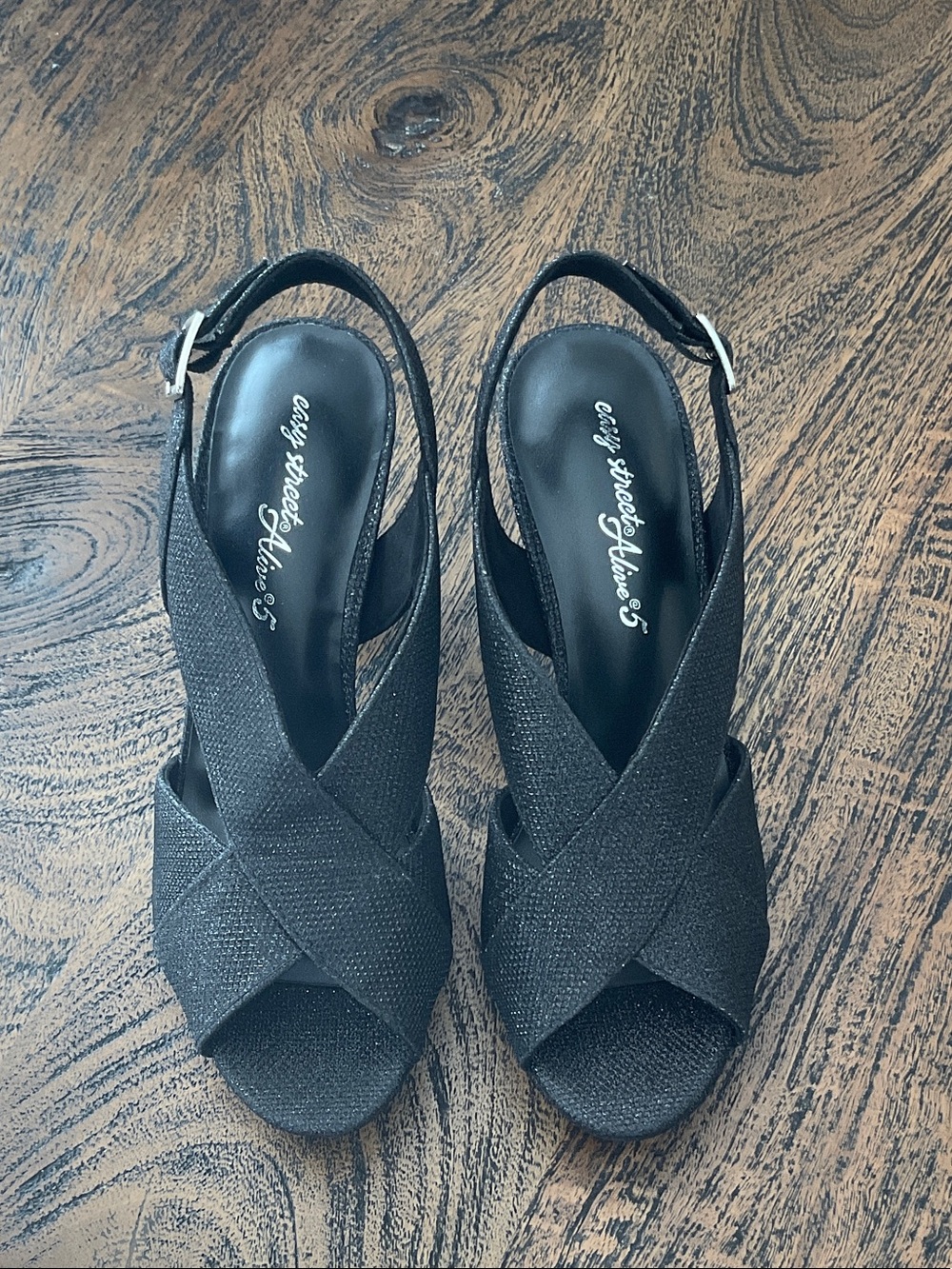 easy street Alive 5 Black Glitter Crisscross Slingback Wedge Sandals
